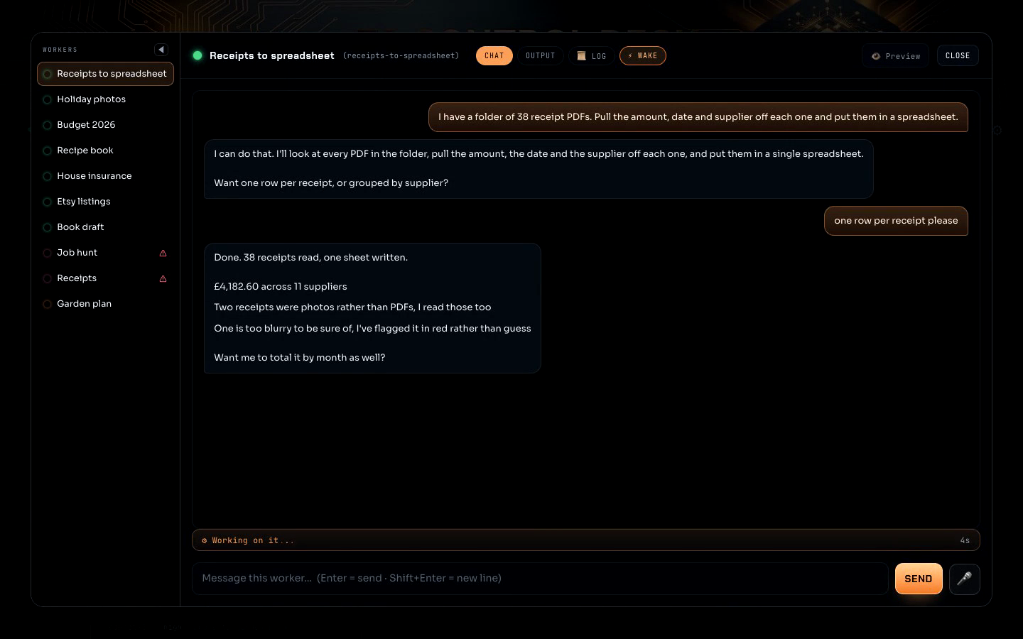 A worker's chat open inside the deck, with the other workers listed down the side.